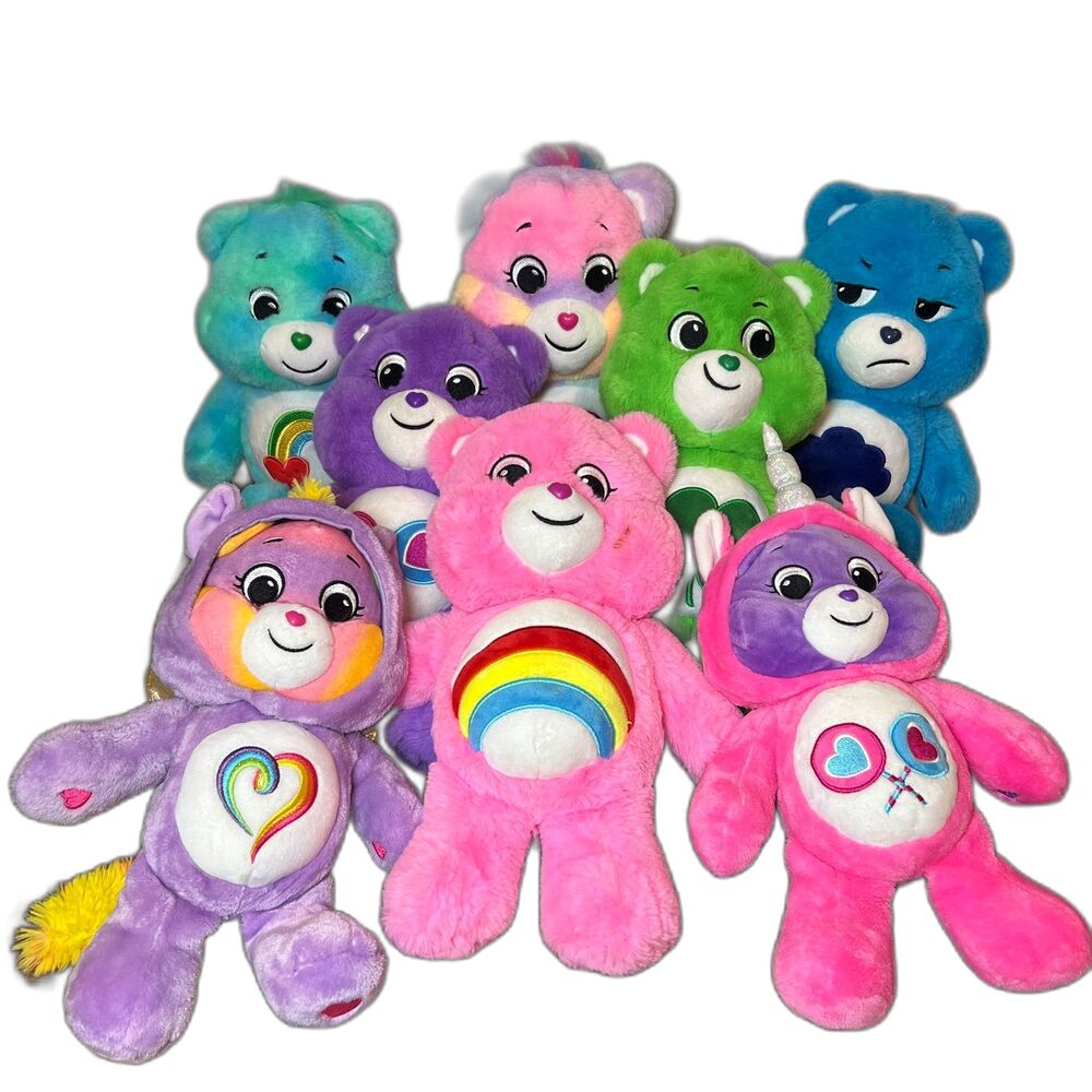 8 Care Bear Plush Rainbow Unicorn Wings Heart Star Clover Cloud Stuffed Toys Lot
